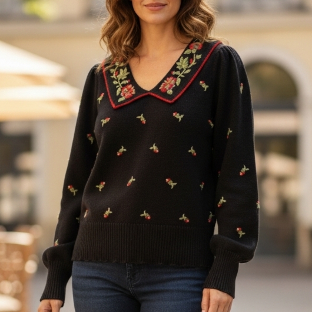 Herman Geist Sweater, S/M, Black with floral embroidery, V neck, Spread Collar